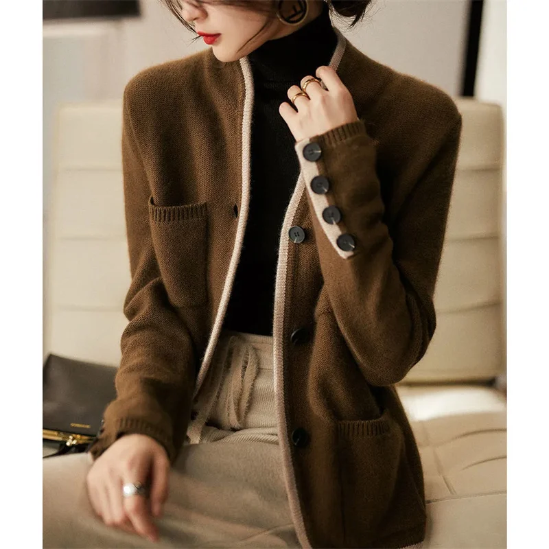 Brown Sweater Coat Women Loose Spring Autumn Knitting Jacket Outwear 2024 New Knitwear Cardigan Female Pocket Sweaters Top