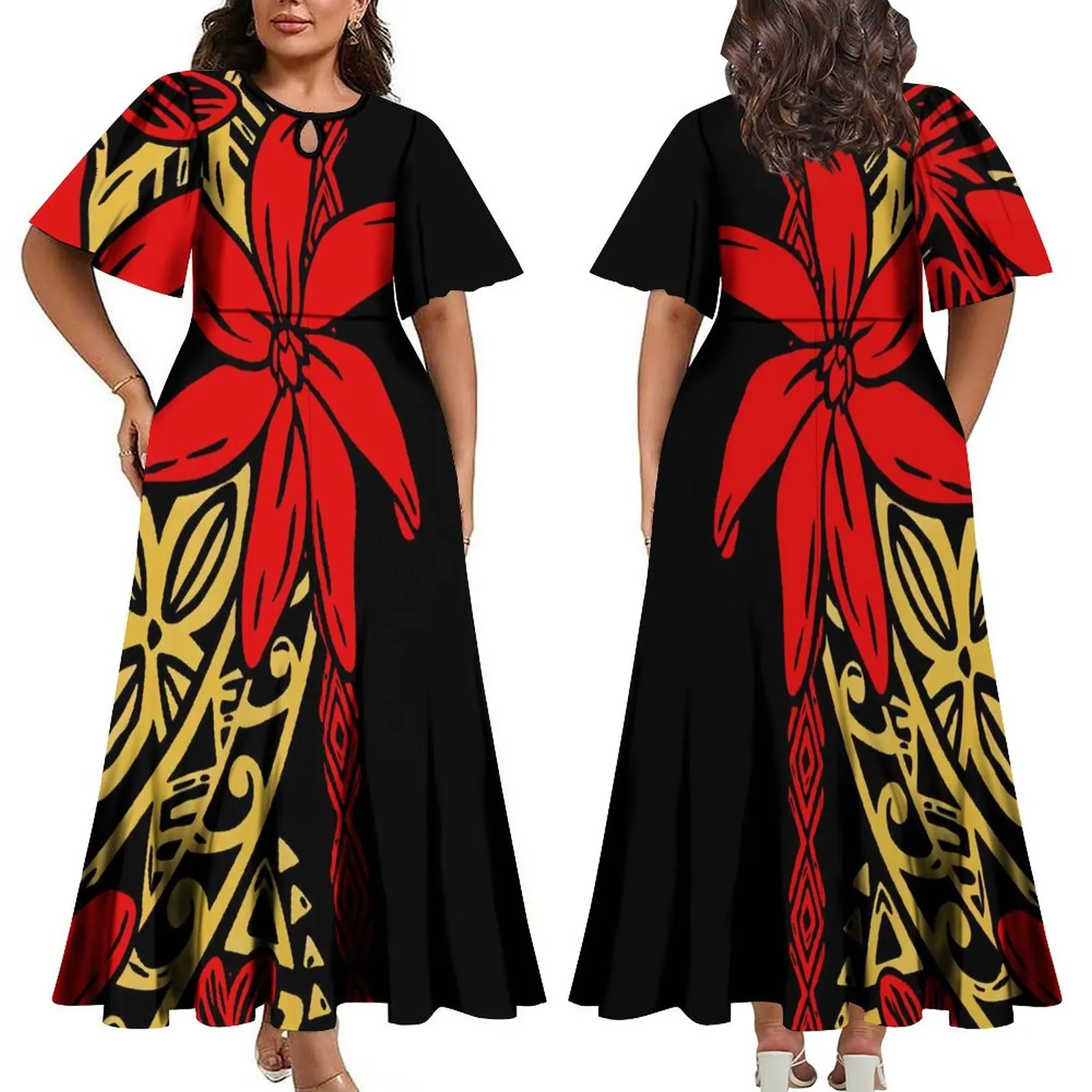 

Summer Women's Dress Customized Polynesian Long Dress Retro Tribal Design Dress Fluffy Large Hem Dress