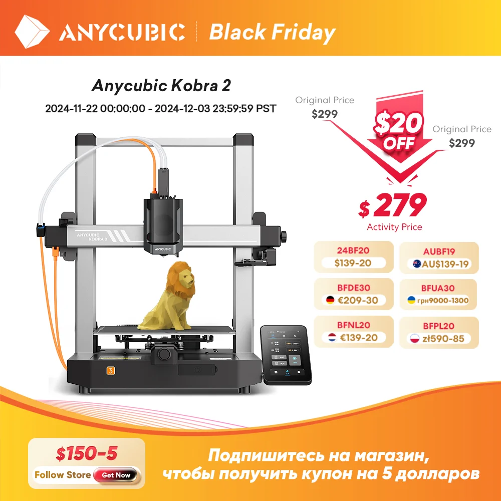 ANYCUBIC Kobra 3 FDM Multi-Color 3D Printer Print in 4 to 8 Color With Max 600mm/s Printing Speed Build Size 250mmx250mmx260mm