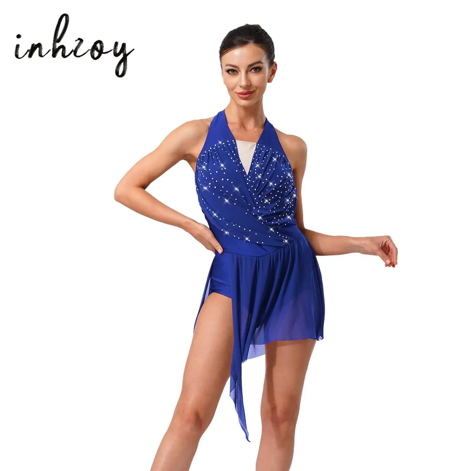 

Womens Gymnastics Figure Skating Bodysuit V-Neck Ruched Mesh Rhinestone Irregular Hem Leotard Dress for Chacha Samba Rumba Dance