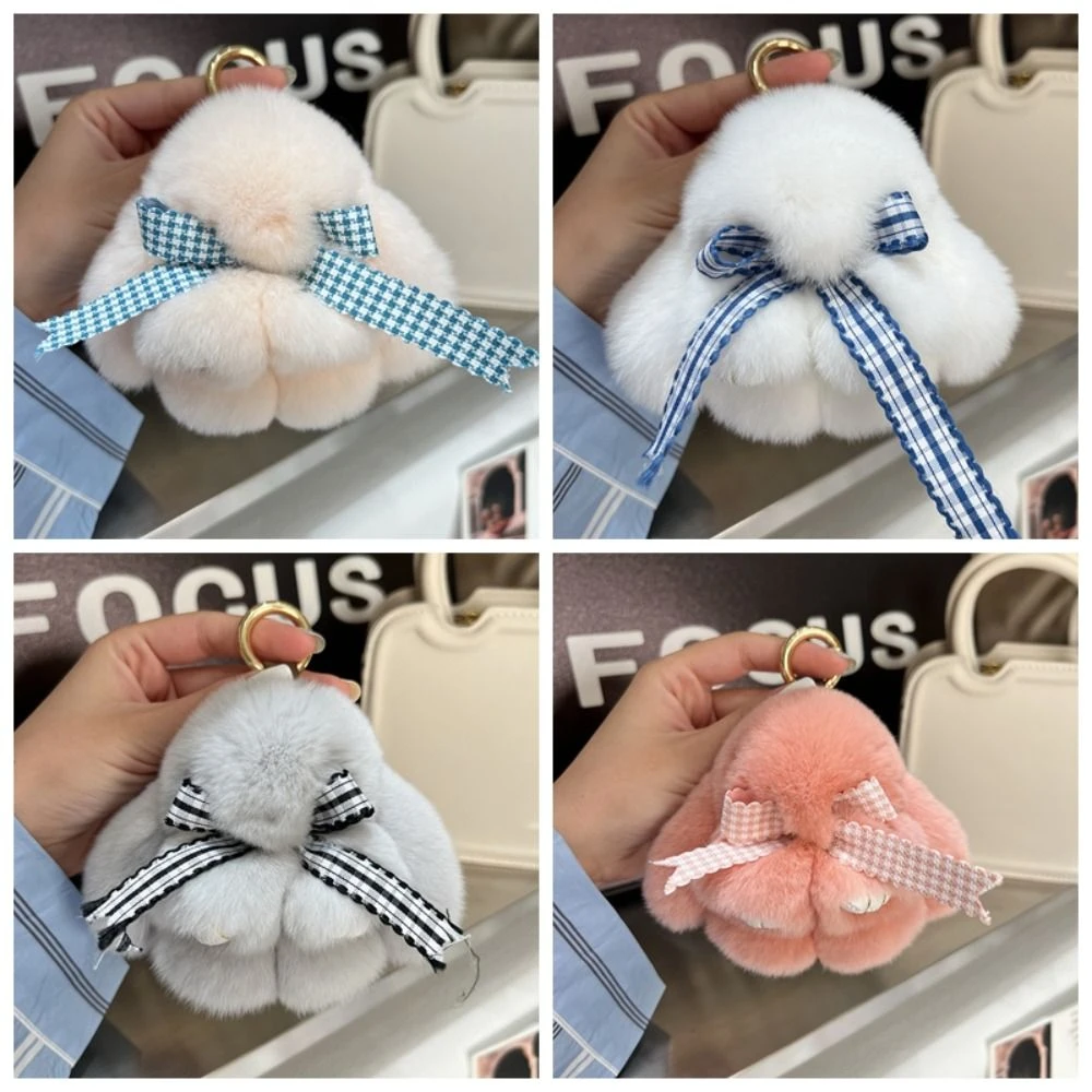 

Funny Animal Rabbit Fur Keychain Furry Bag Hanging Decor Bunny Stuffed Keyring Lattice Bow Toys Plush Dolls Pendant Students