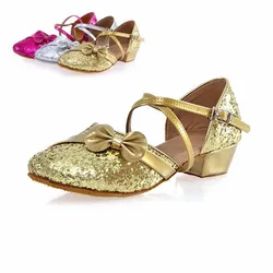 Ballroom Girl Dance Shoes Kids Child Low Heel Ladies Women Closed Toe Salsa Latin Dance Shoes Sequin Bow Dancing Shoes