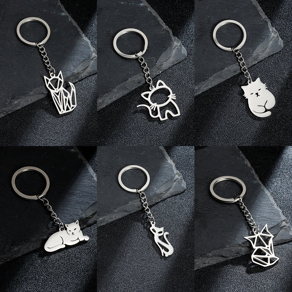 Lucky Happy Cat Metal Keychain Charms For Women Stainless Steel Chain For Keyring Making Supplies Keyholders With Free Shipping