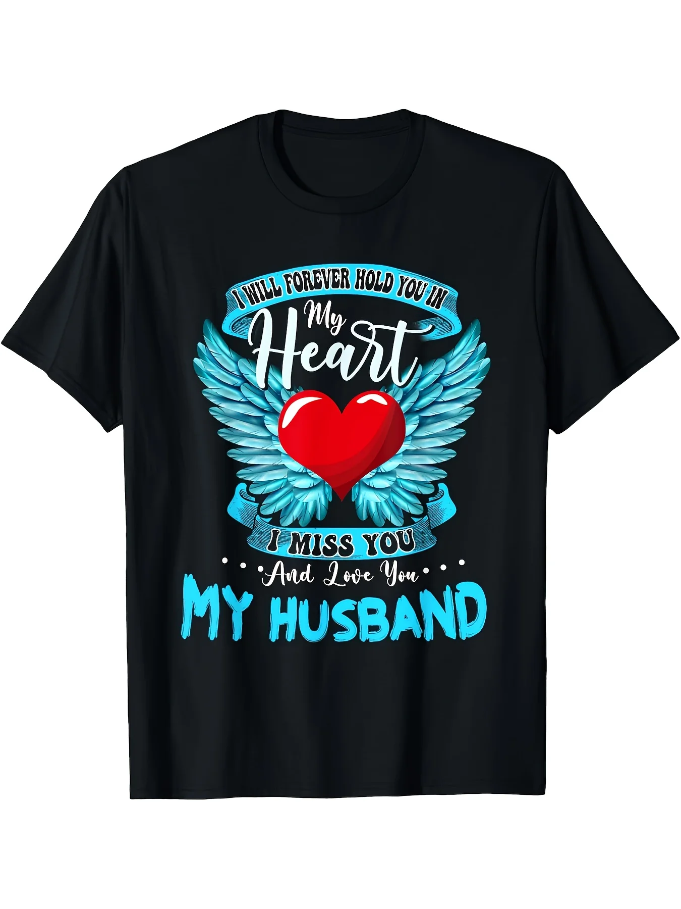 Men' I Will Forever Hold You In My Heart T-Shirt - Love & Miss My Husband Memorial Tee with Winged Heart Design, Black Retro Round Neck Short Sleeve Shirt, Comfortable Casual Wear for Loss of Spouse Gift, Machine Washable