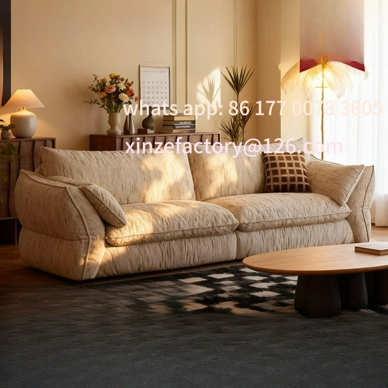 

Customizable fabric sofa removable chenille living room straight row three French retro cream style