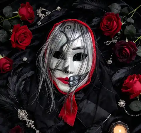 A dark clown makeup mask, realistic and eerie, silver hair with a grin, for nightclub parties and cosplay props
