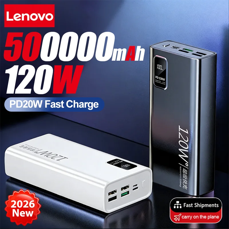 Lenovo 50000mAh 120w Super Fast Charging External Battery Ultra Capacity Power Bank Portable LED Digital Display For IPhone