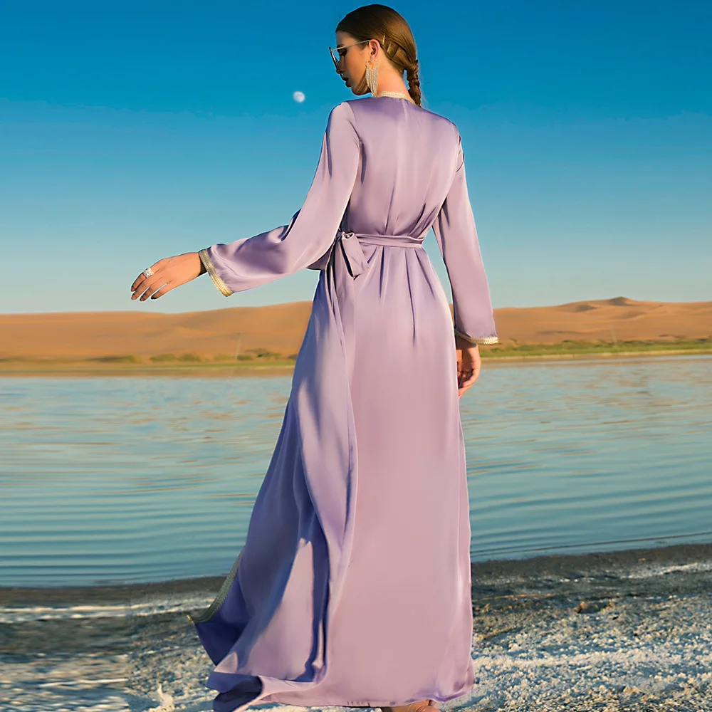 Eid Ramadan Muslim Open Abaya Women Elegant Kaftan Islamic Long Dresses Purple Hand-stitched Diamond Maxi Evening Luxury Robe