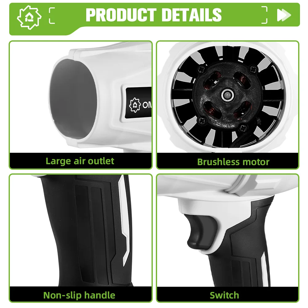 ONEGREEN 2000W Brushless Electric Turbo Blower Jet Fan 200M/S Handheld Air Blower Violent Blowing Tool for Makita 18V Battery