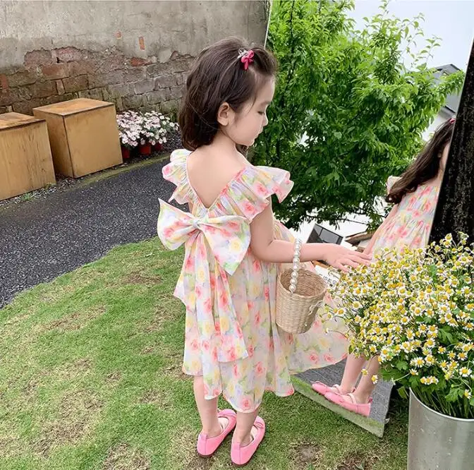 Kids Girls Floral Sleeveless Vest Dress Bowknot 2024 Children Summer Chiffon Baby Girl Princess Dresses