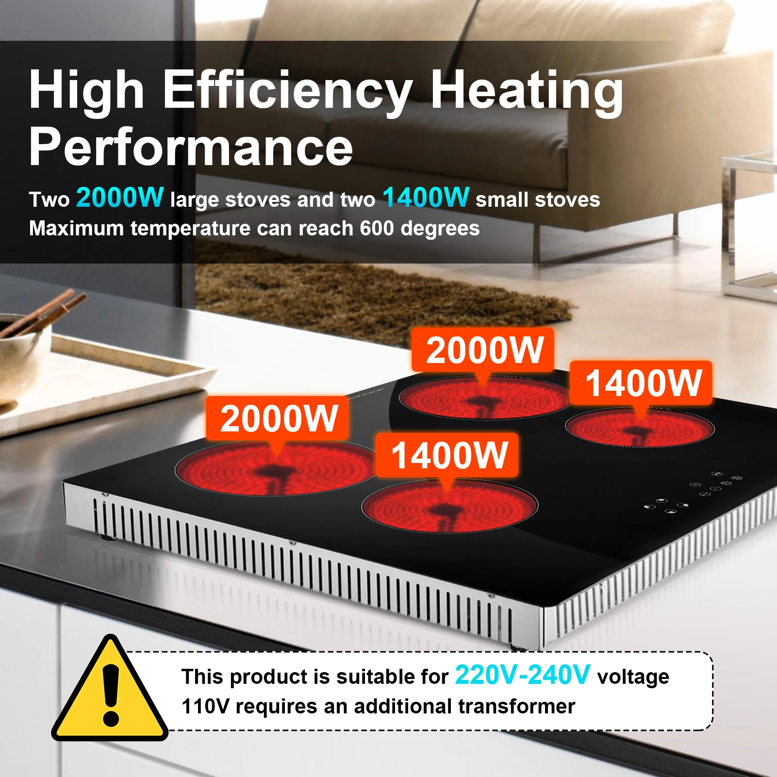 موقد الطبخ العلوي الكهربائي، طبق تسخين كهربائي 4 شعلات، التحكم باللمس 220-240 فولت موقد المطبخ لأواني الطبخ ذات درجة الحرارة العالية