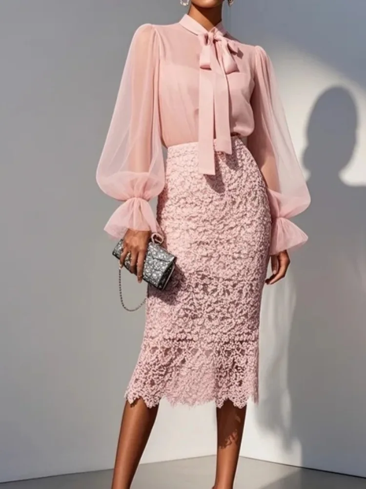 Freeacy 2026 Neues Damen-Kleid-Set, Fliege, Kragen, Puffärmel, Hemd und hoher Taille, Spitzenrock, weiblich, elegante Party-Kleider