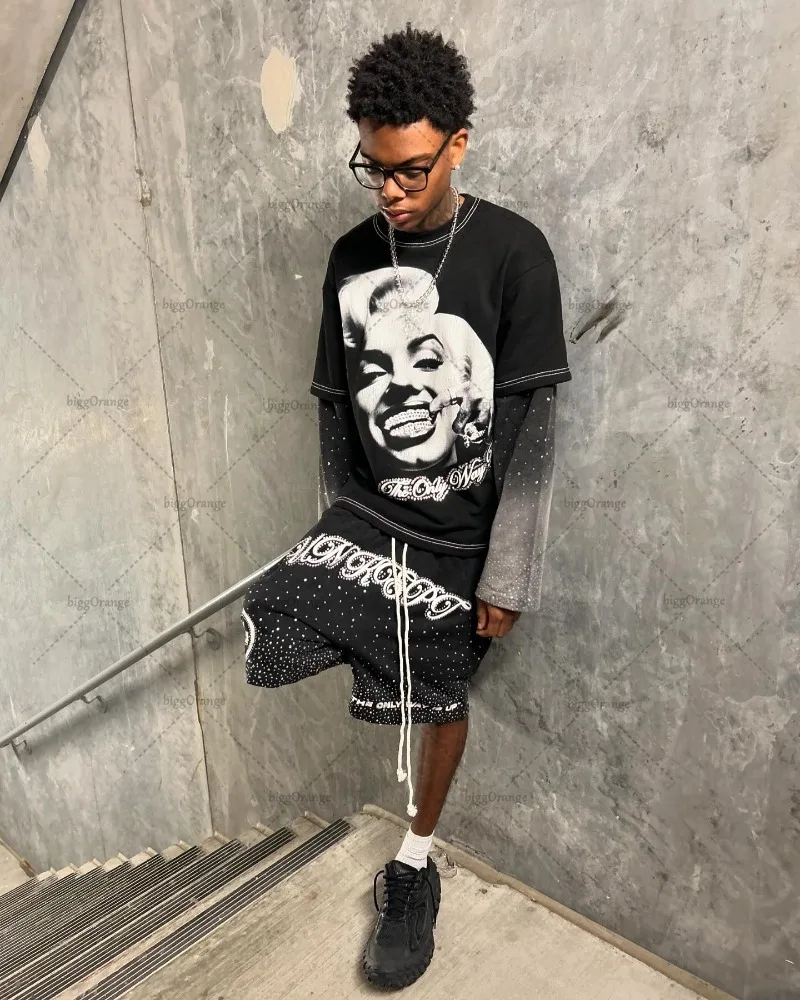 2024 American Retro Portrait Print Fake Two-piece Y2K Harajuku Fashion Top Men Street Hip-hop Casual Loose Long-sleeved Women