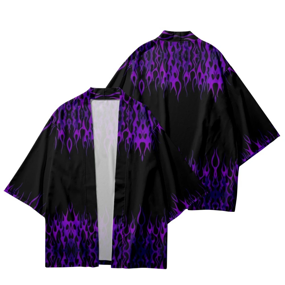 

Fashion Casual Kimono Yukata Men Traditional Summer Beach Women Kimono Purple Flame Printed 3/4 Sleeve Shirt Haori