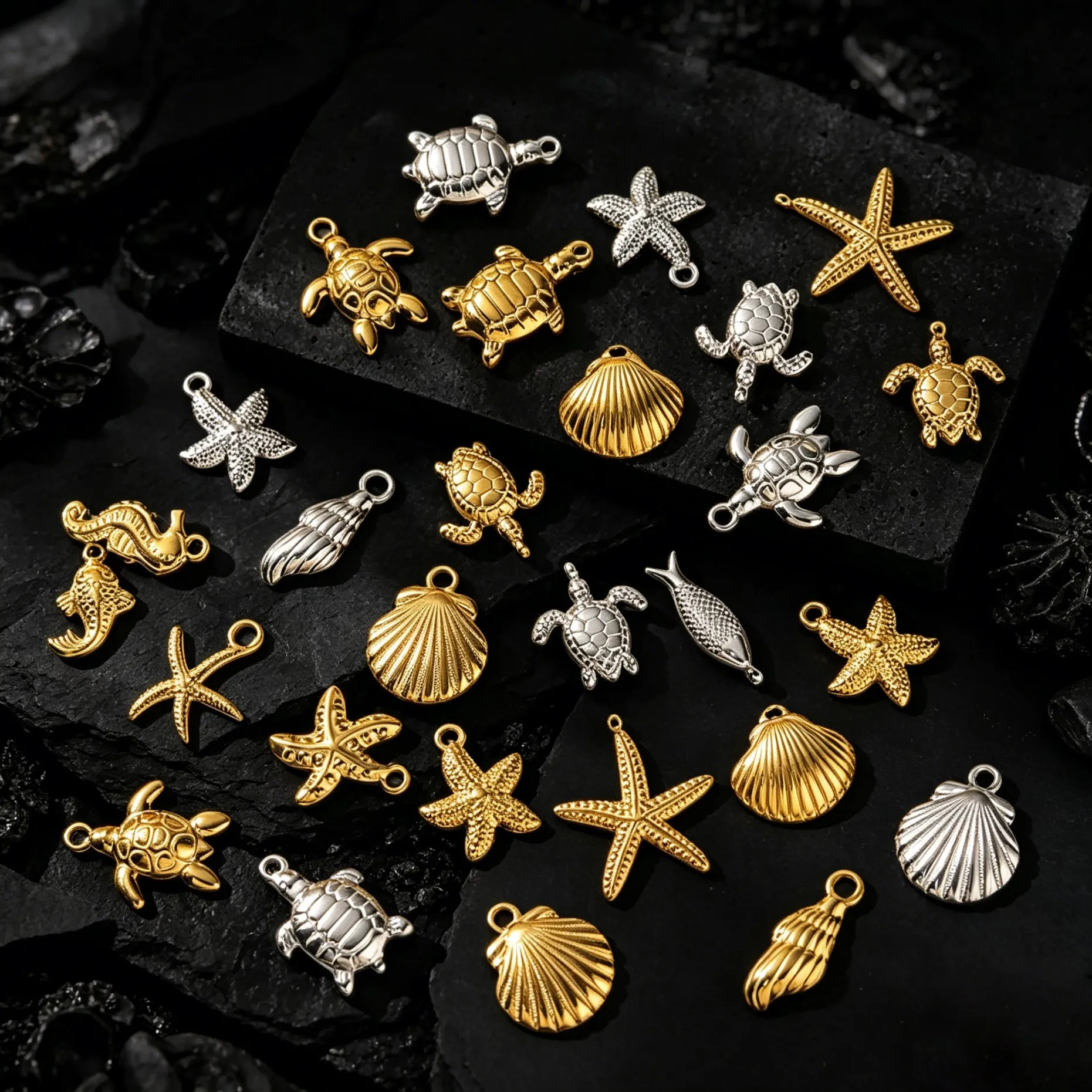 5 Stück Muschel-Anhänger aus Edelstahl, Strand-Spiral-Kaurimuschel-Seestern-Anhänger, DIY-Halsketten, Armbänder, Schmuckherstellungszubehör – Detail 5