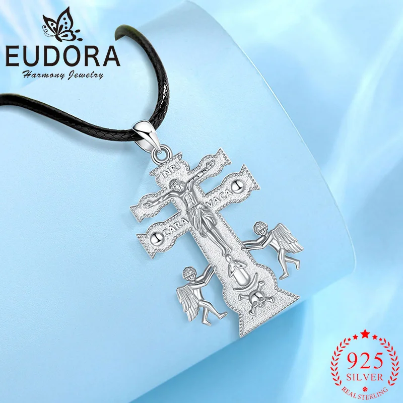 sterling silver caravac colar cruz para homens e mulheres pingente religioso catolico anjo joias presente da personalidade eudora 925 01