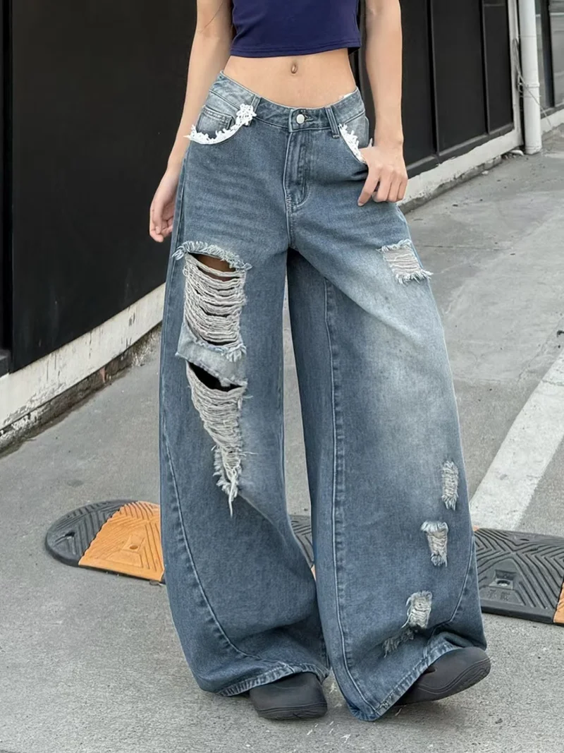 

Уличная одежда, рваные джинсовые мешковатые брюки, осенняя одежда, женские кружевные лоскутные широкие джинсы с низкой посадкой, ковбойские джинсовые брюки, джинсовые брюки