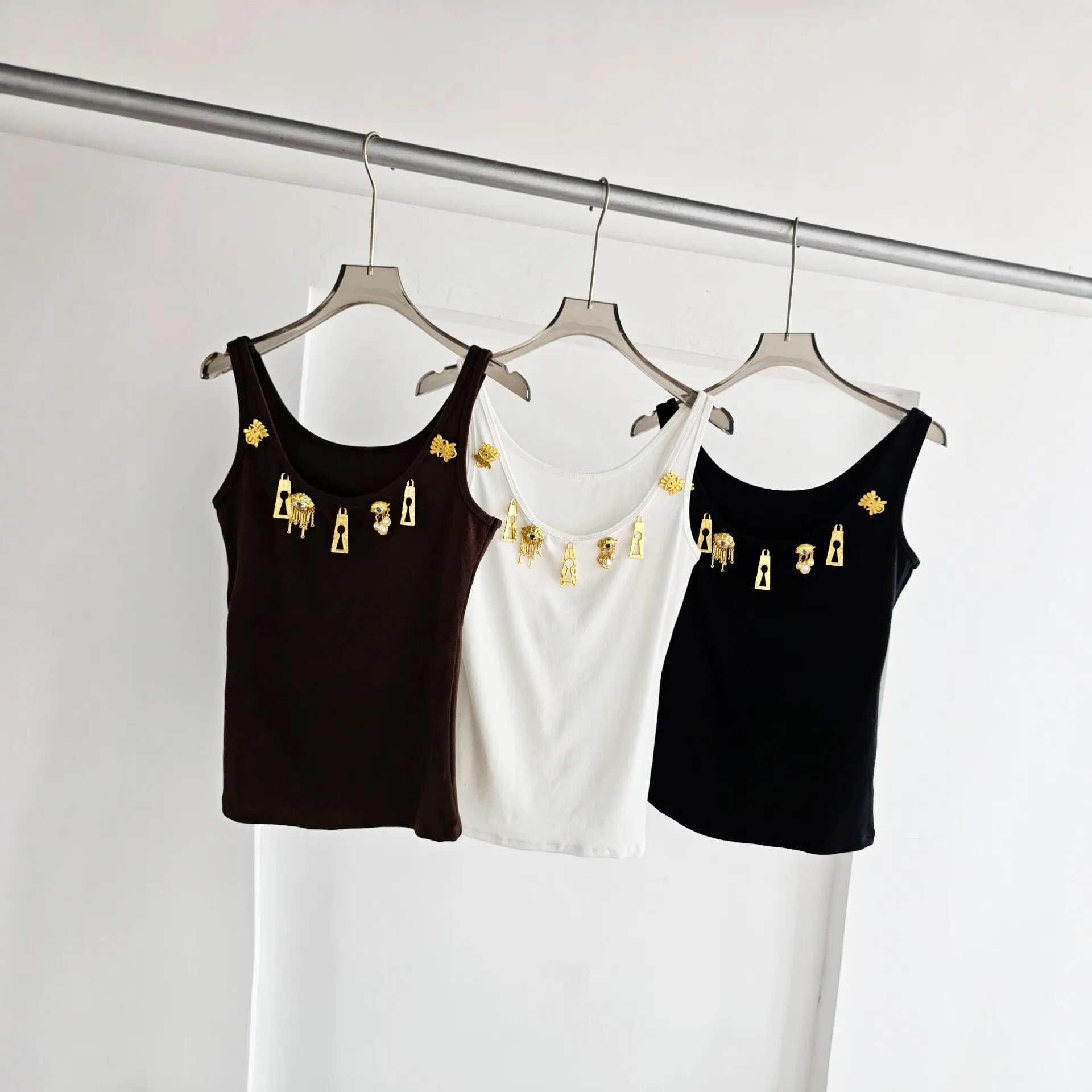 High Street Tees Tanks Heavy Industry Metal Key Decorative Sleeveless Women Slim Fit Elastic Strap Tanks Tops