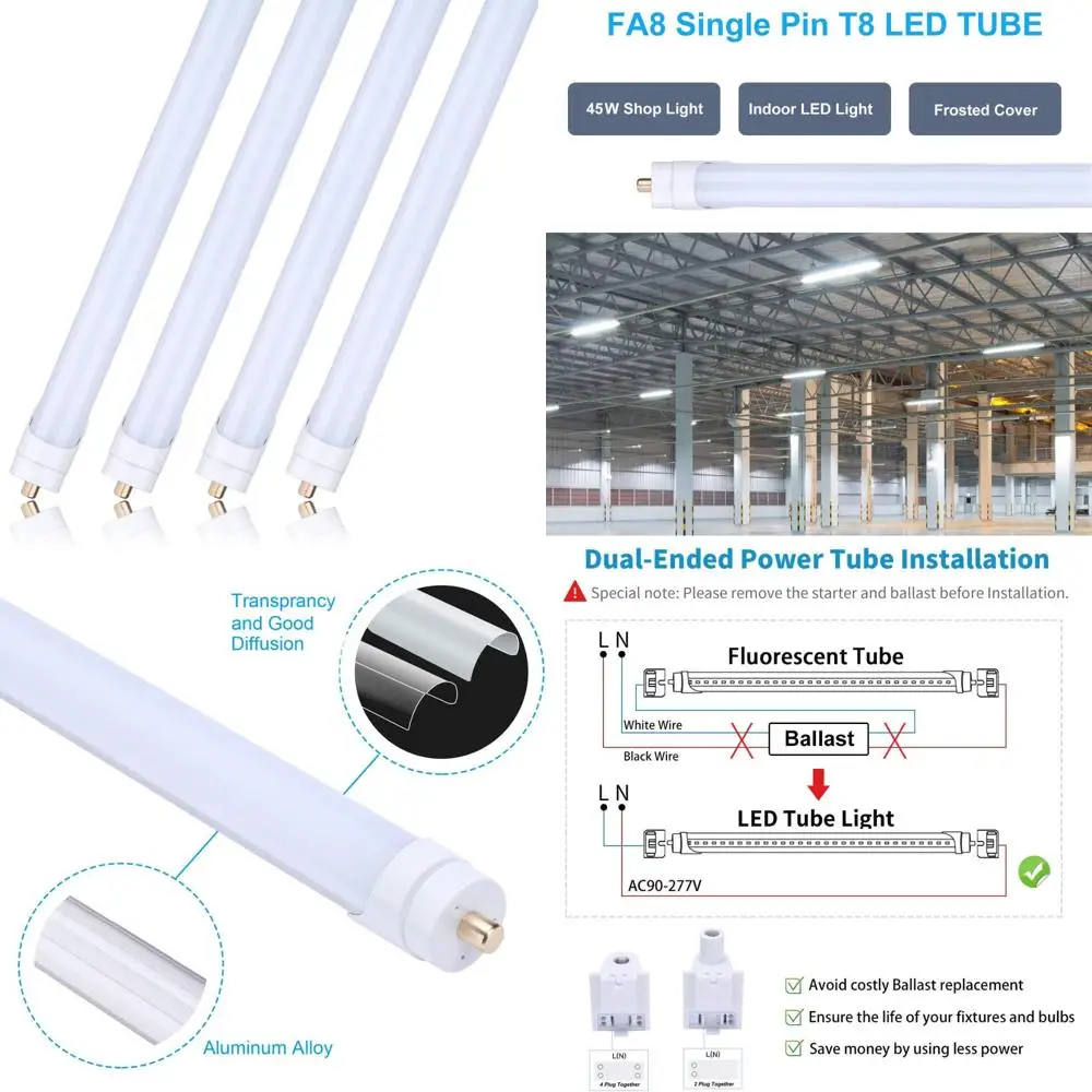 

LED Tube Light 8 Feet 45W, Single Pin FA8 Base, Frosted Cover, Daylight 5000K, Fluorescent Replacement