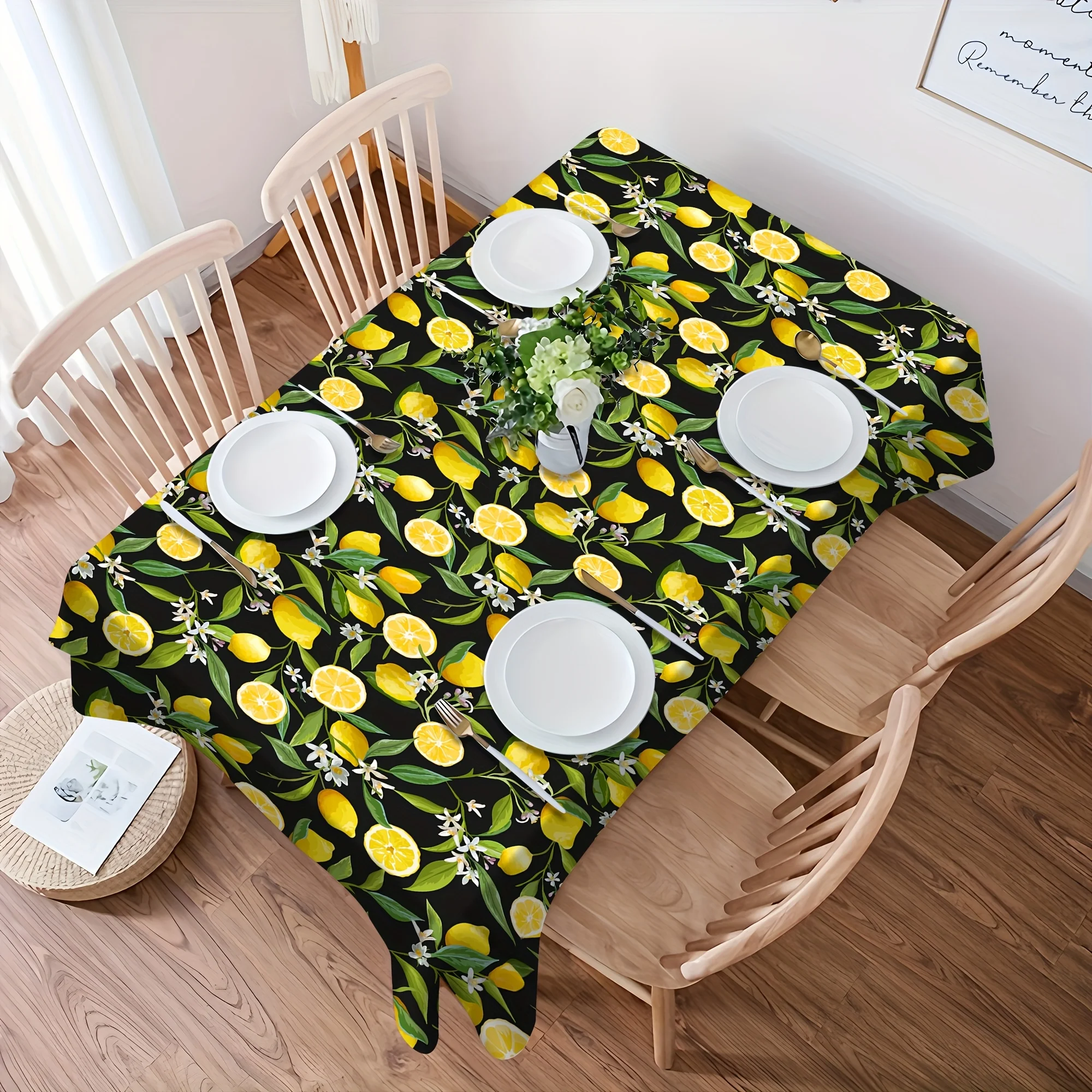 1pc Vintage Lemon & Orange Blossom Tablecloth with Embossed Edges - Lemon Citrus Print Rectangular Dining Table Cover, Suitable for Home, Parties, Restaurants, Banquets - -Care Polyester Decor