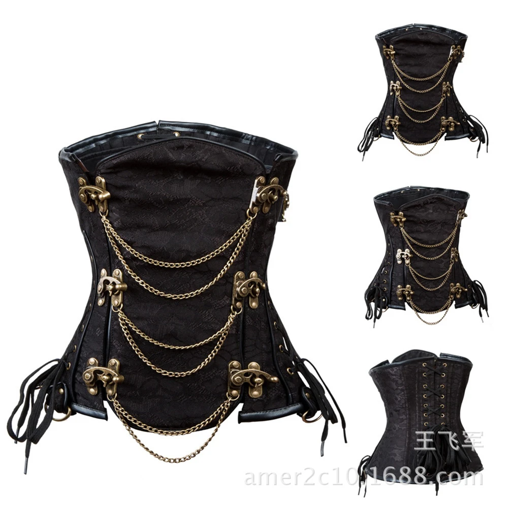 Brown Leather Steel Bone Spiral Chain Steampunk Overbust Corset Women Vintage Gothic Pirate Clothing Waist Trainer Bustiers