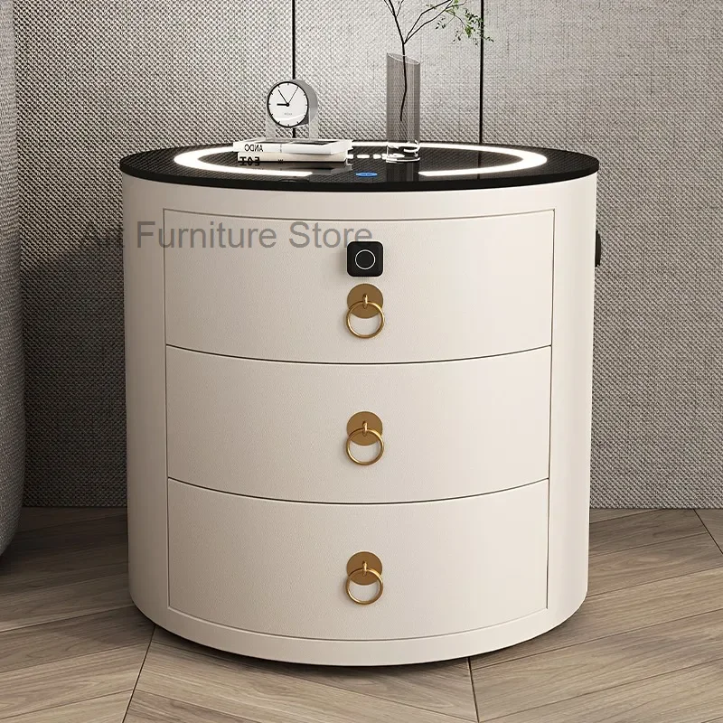 Minimalist Round Nightstands Multifunctional Drawers Kawaii Smart Bedside Table With Wireless Charger Nachttisch Home Furniture