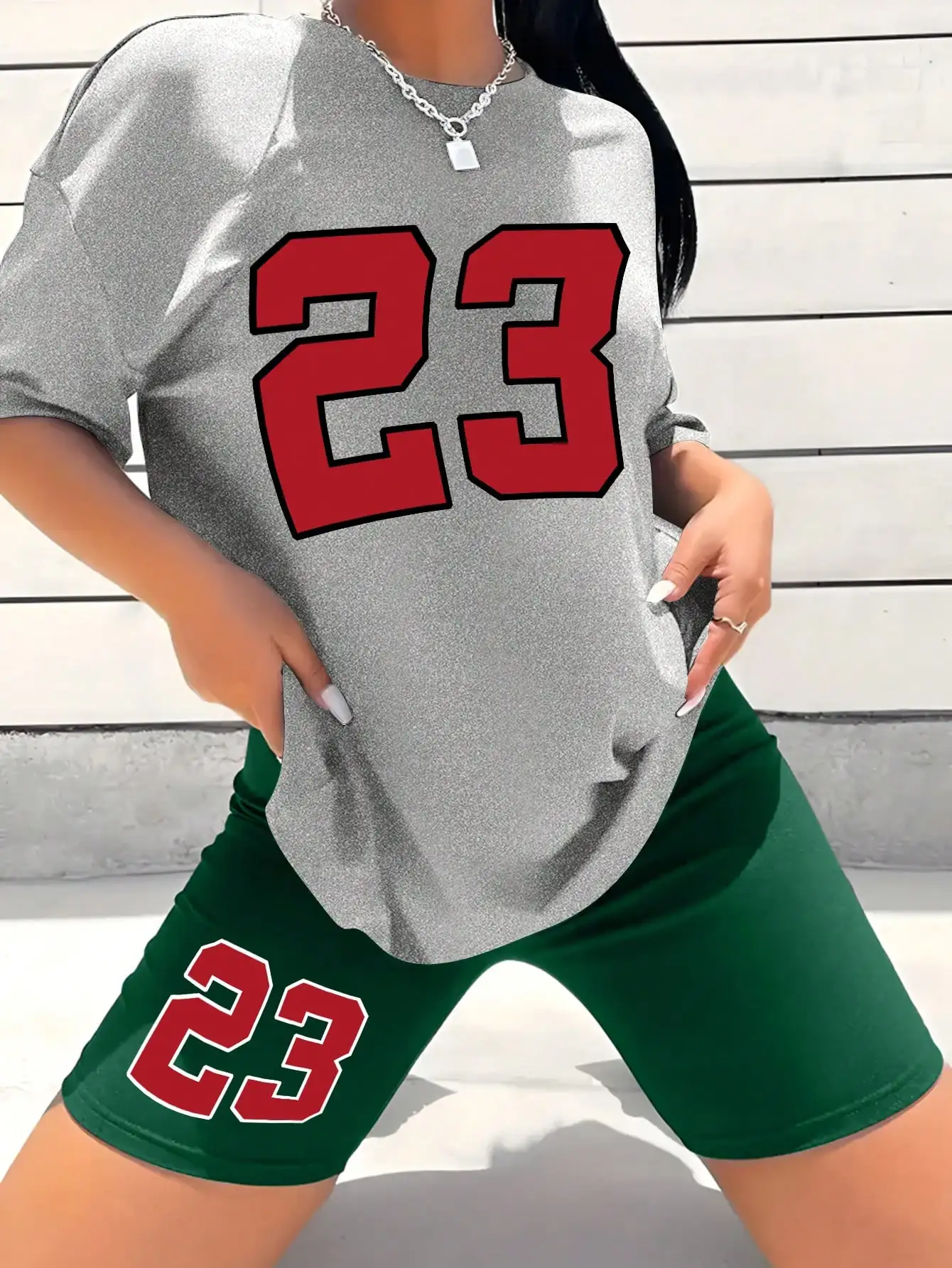 Damen Sommer-Set Nummer 23 Bedrucktes Casual Shorts-Set Sport Damen-Shirt Shorts 2-teiliges Streetwear-Set Damen Sommerkleidung – Detail 4