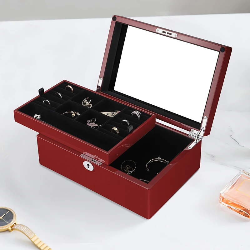 2-layes Flannel Jewelry Box Wood Jewelry Organizer Necklace Earring Ring Storage Box for Women Gifts