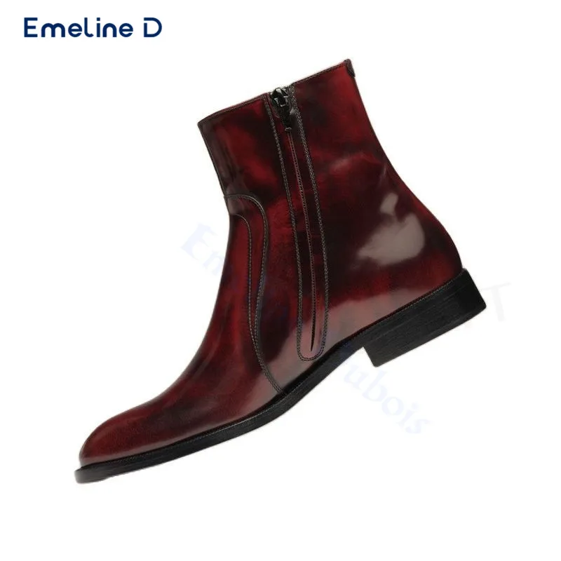 Dark Red Retro Handmade Boots Side Zipper Pull-On Business Leather Boots Fashionable Personality Solid Color Casual Men's Boots