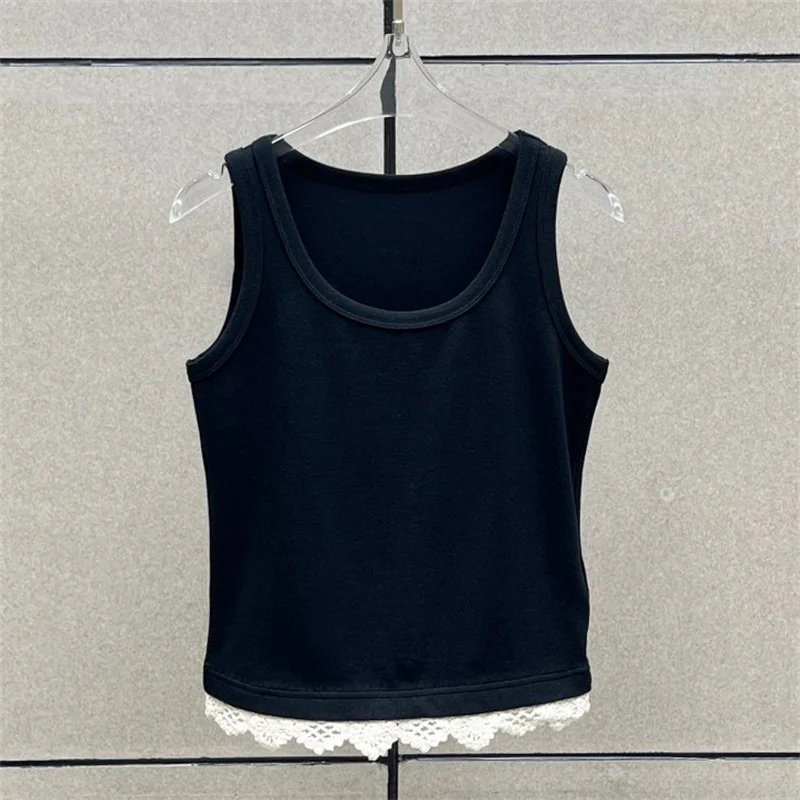Chaleco de mujer nuevo top sin mangas de retazos de encaje para invierno 2025 mezcla de algodón cuello redondo Camiseta corsé de punto acanalado elástico y2k