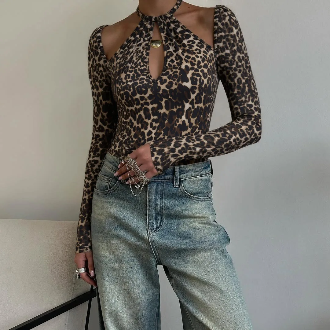 

Women's Fall 2025 New Fashion Sexy Retro Leopard Print Halterneck Long Sleeve Temperament Hot Girl Top Girl