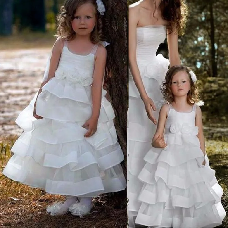 Weiß Rüschen Satin Rand Blume Mädchen Kleid für Hochzeit Ankle Länge Spaghetti Erste Kommunion für Prinzessin Kleid Promi Dresse