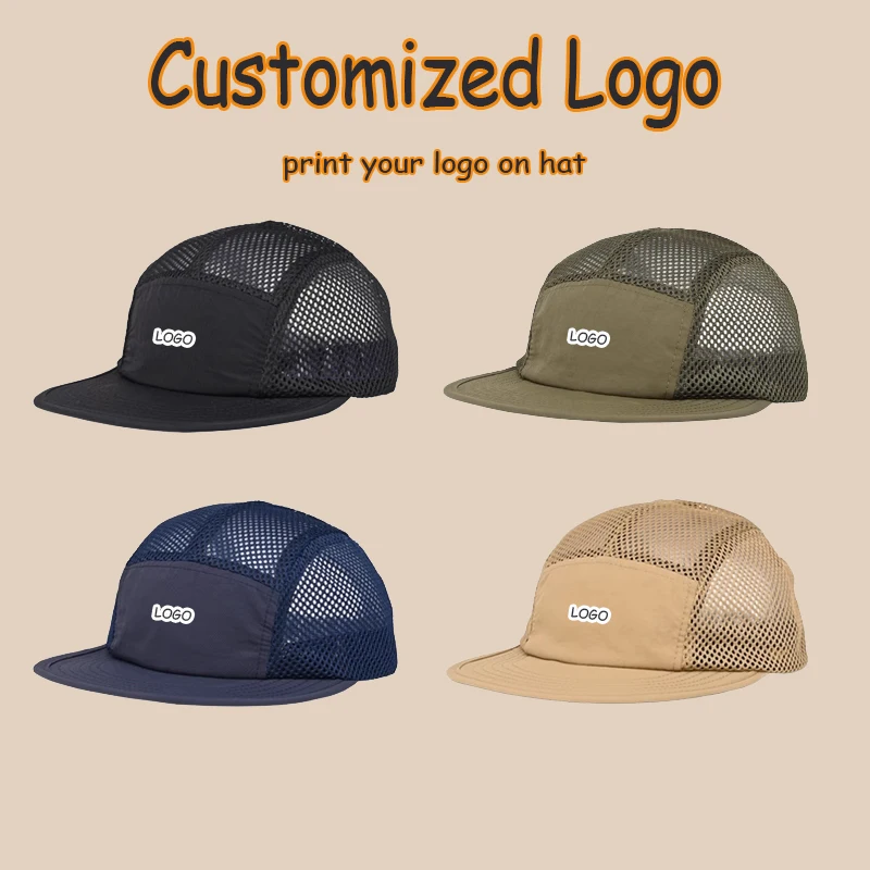 Customized Logo Print Japanese Men Women Tooling Flat Brim 5-panel Mesh Cap Summer Thin Breathable Quick-drying Baseball Cap