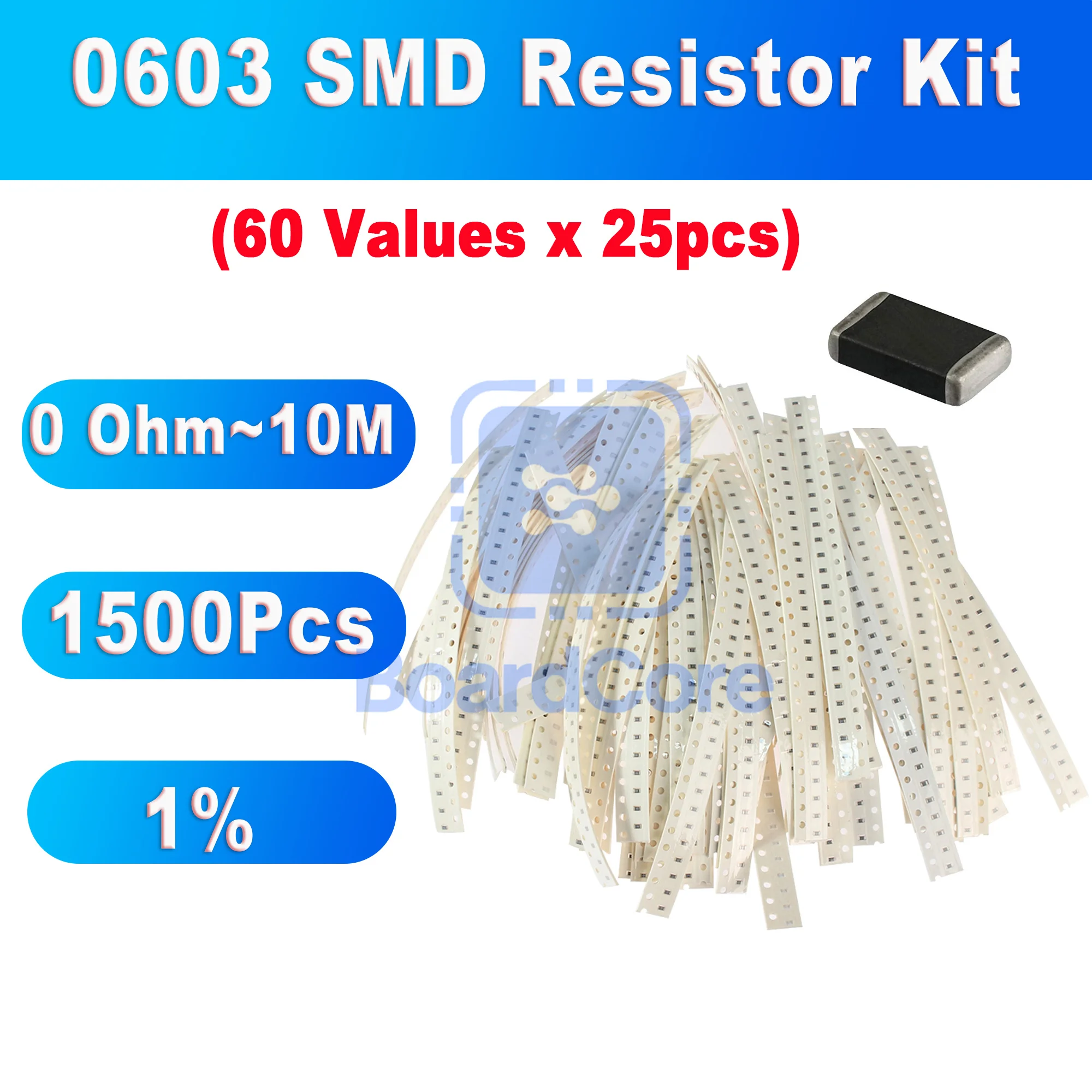 Kit de Resistores SMD 0603 com 1500 Peças, 0R-10M Ohm, 60 Valores, Resistores Chip 1% Sortidos, Componente Eletrônico de Montagem em Superfície