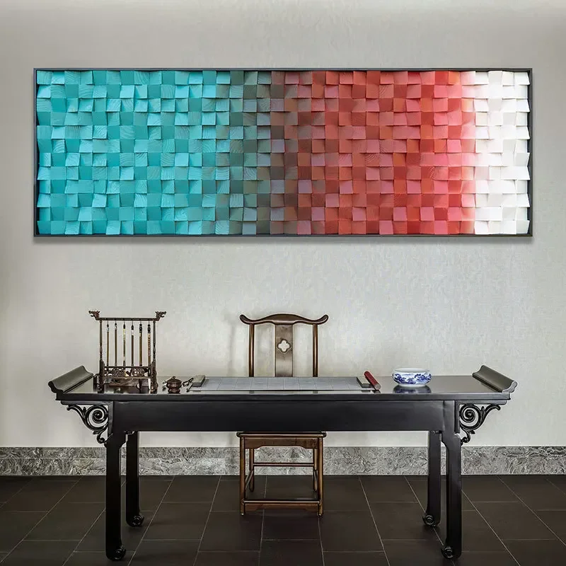 Wooden block mosaic background wall gradient color living room sofa bedside decoration painting hanging painting art