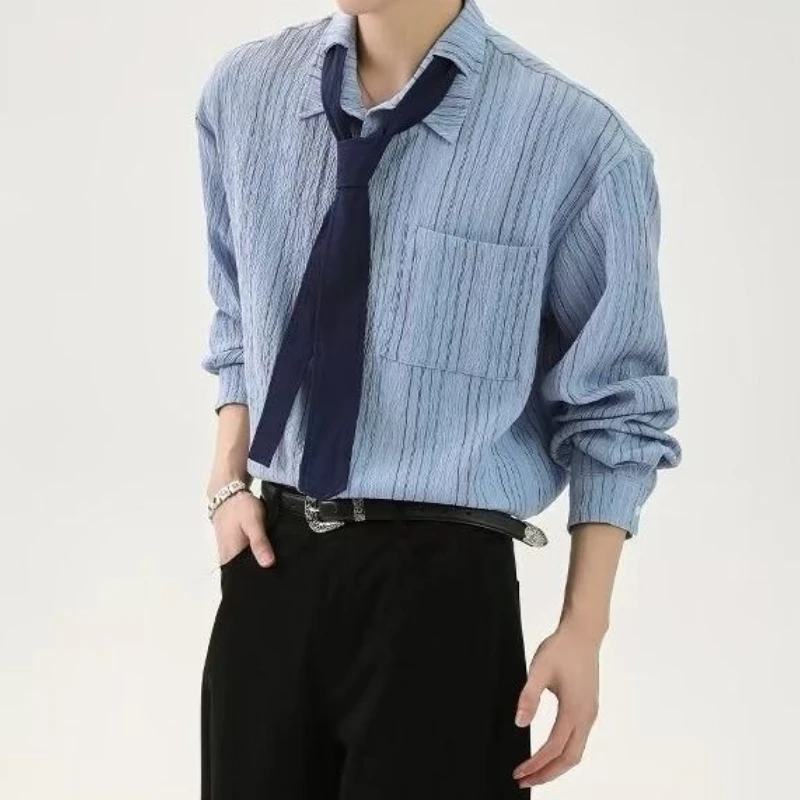 

Retro Vertical Pattern Long-sleeved Shirt and Tie Design Sense Versatile Leisure College Spring Top Fashion Trend