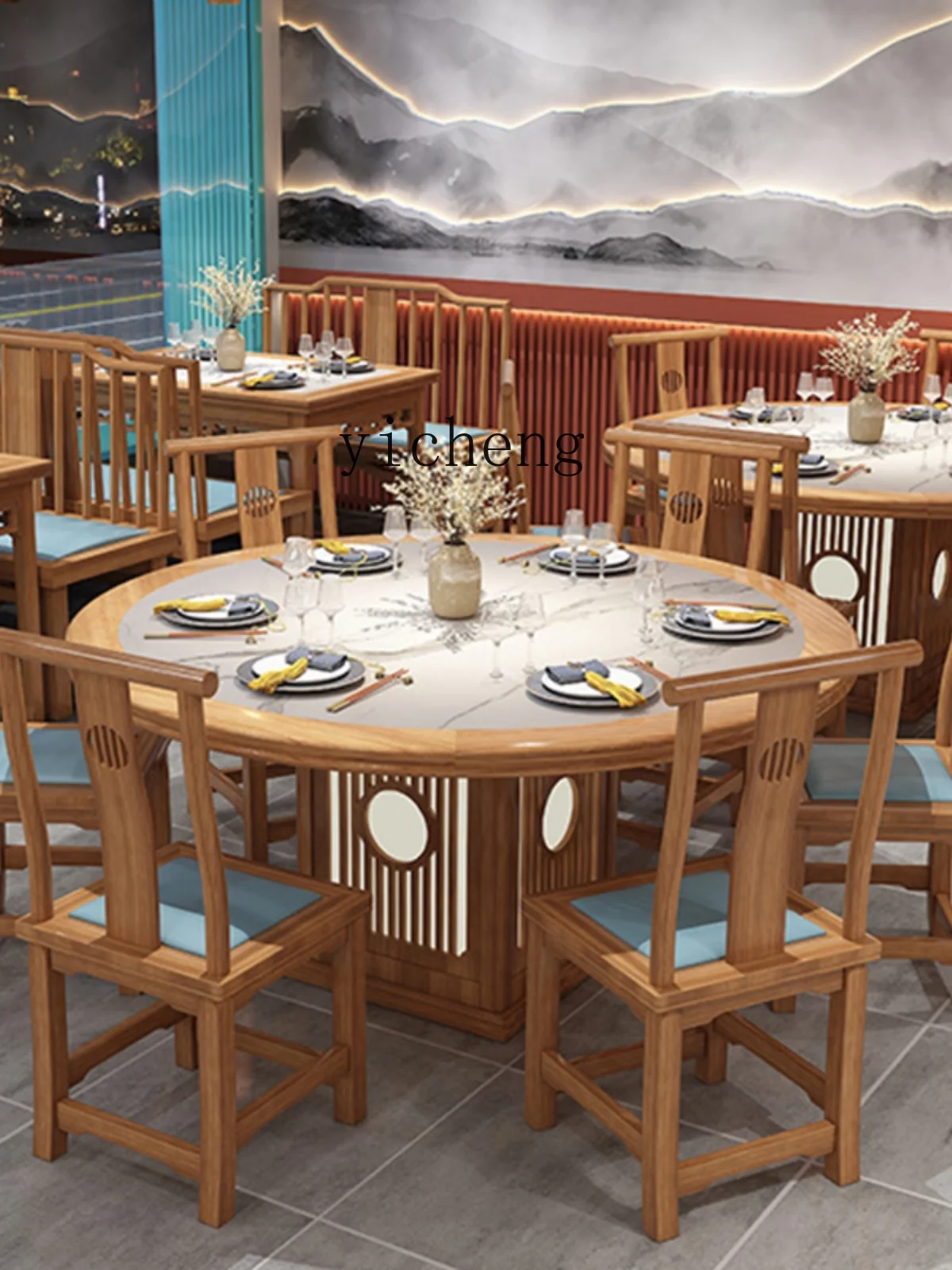 ZF Solid Wood Against the Wall Card Seat Sofa Catering Restaurant Barbecue Hot Pot Restaurant Tea Table Chair Combination