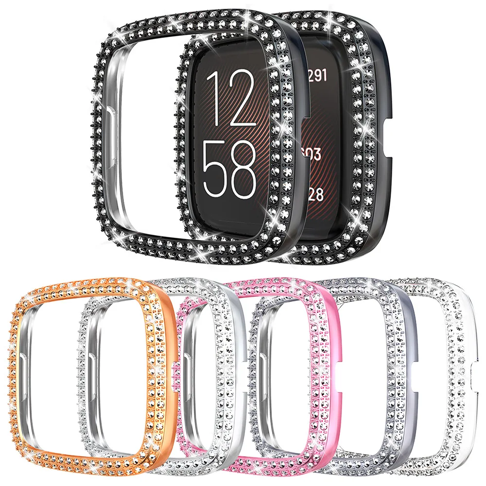 

Bling PC Bumper for Fitbit Sense Versa 4 3 2 Watch Case Two Rows Diamond Frame Cover Lightweight Glitter Shell Accessories