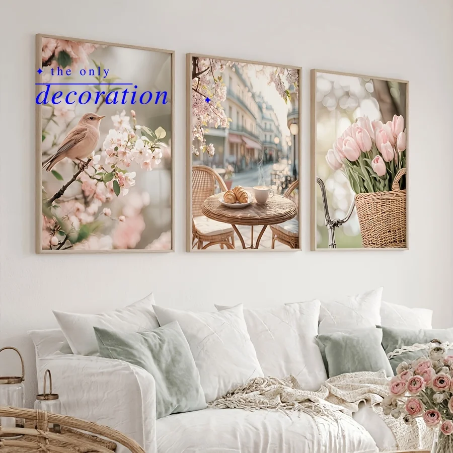 2D Flat, 2D Flat, 3pcs Romantic Paris Street Wall Decor Set, Outdoor Cafe & Floral Bird & Tulip Canvas Posters, Farmhouse Hom