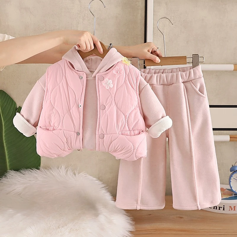 2026 Girls Winter Set 2026 New Baby Winter Clothes Kids Fleece Thick Vest Three Piece Set Trendy Fashion
