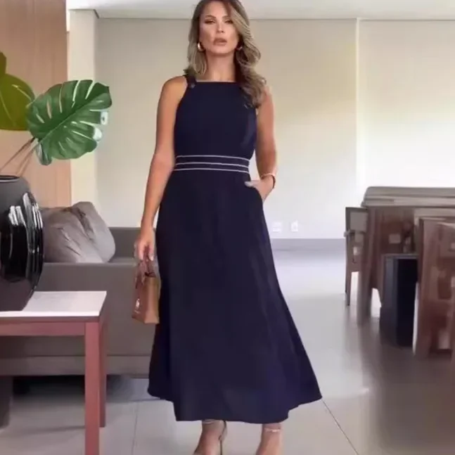 Robe slim taille haute à col rond pour femmes, vêtements d'été, fibre, 2024