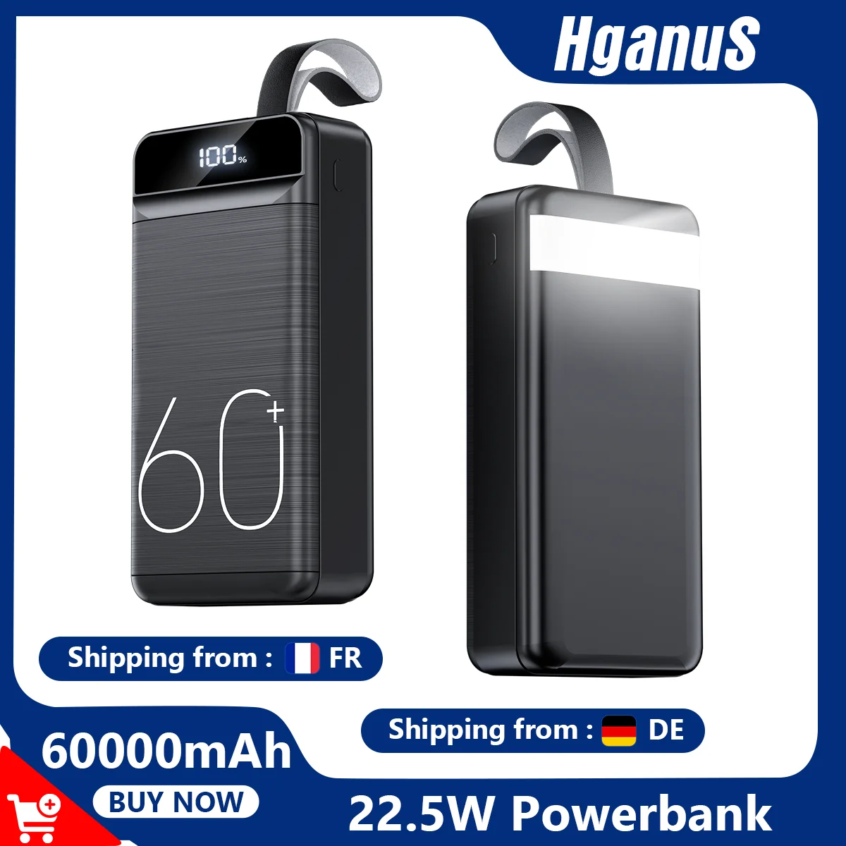Hganus – batterie externe portable 60000mAh, charge rapide 22.5W avec lampe de poche, pour iPad, iPhone, Samsung, Xiaomi
