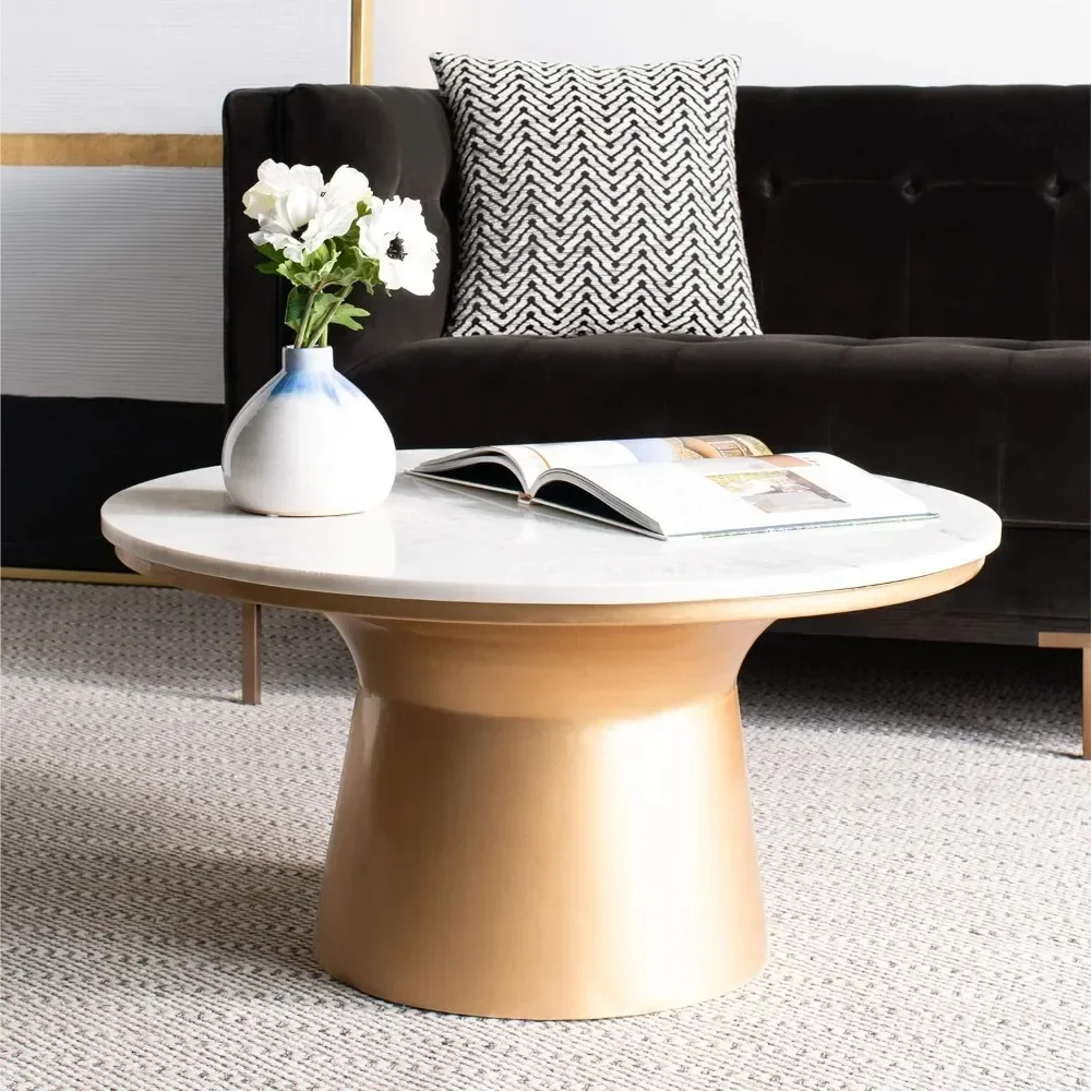 Home Mila White Marble and Brass Pedestal Round Coffee Table,for a living room, Bedroom, family room, den, library, or study