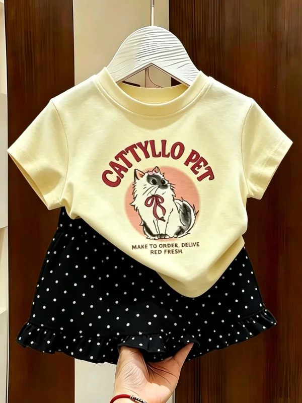 

Girls Summer 2026 New Cartoon Print Top Set Short Sleeve Polka Dot Skirt Pants Two Piece Set Cotton Casual Sportswear