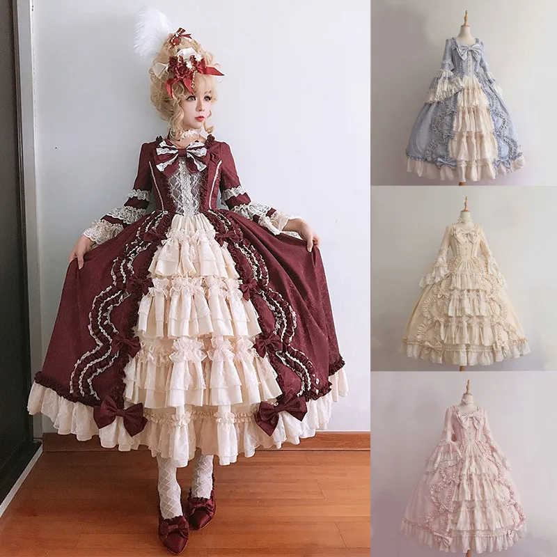 Vestido vintage medieval feminino, Vestido Lolita Gótico, Manga comprida, Vestido Lolita Clássico, Plissado fofo e doce, Fantasia Cosplay Anime