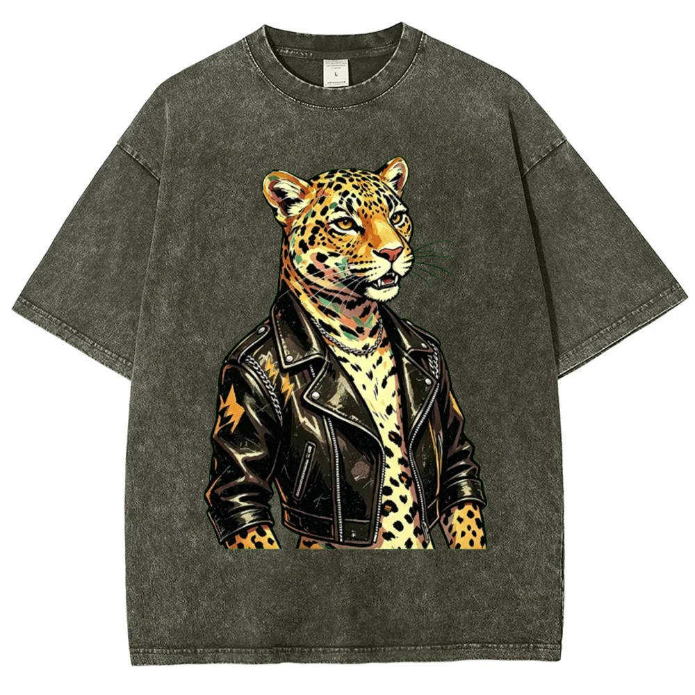 Men's Leopard Biker Graphic T Shirt Wild Animal Rock Punk Leather Jacket Vintage Casual Streetwear Tee Gift