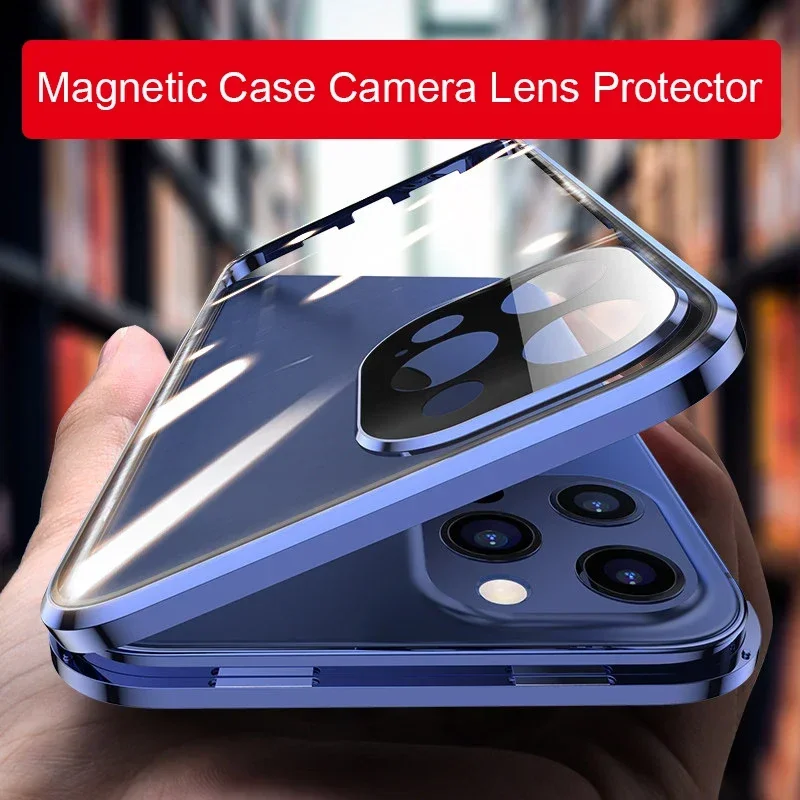 

360 Magnetic Cover Coque For iPhone 15 14 13 12 Pro Max 11 Pro 15 14 Plus Case Metal Frame Tempered Glass Camera Lens Protector