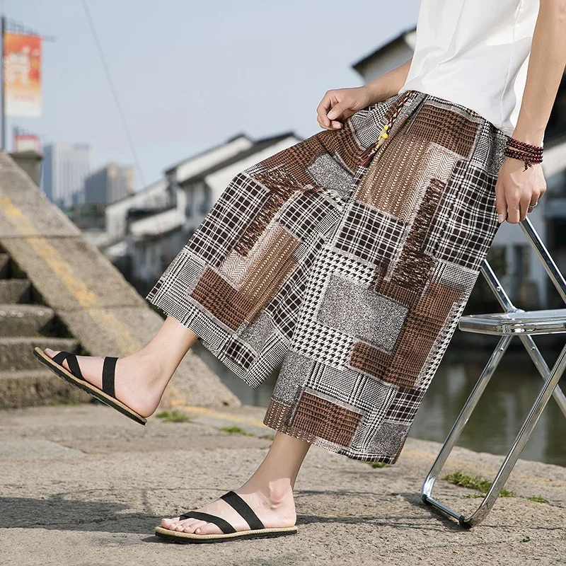 Summer Men's Harem Pants Japanese Samurai Jogging Plaid Trousers Man's Haori Loose Hip Hop Harajuku Casual Ethnic Wide Leg Pants