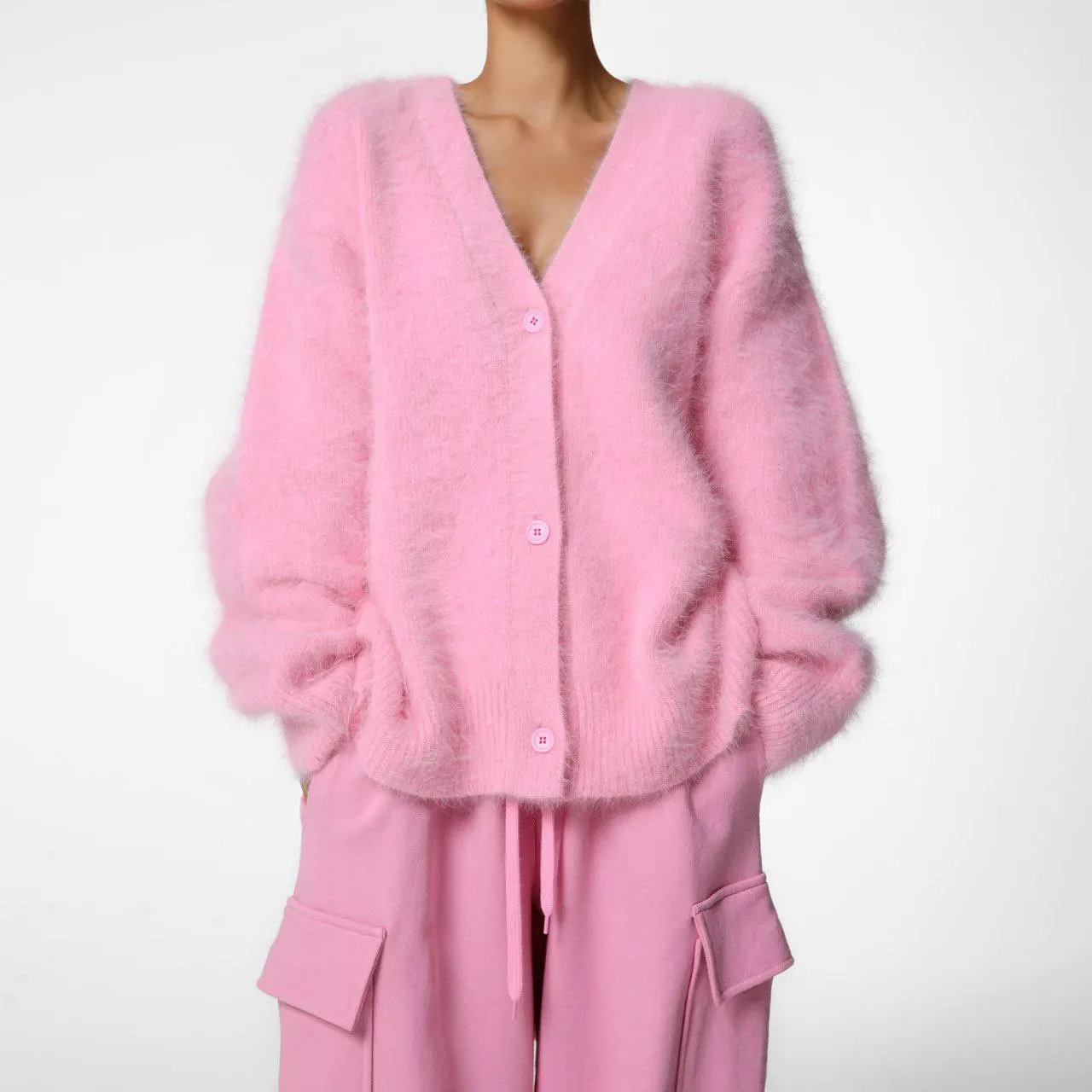 2025 nova europa e américa outono inverno preguiçoso solto de manga comprida com decote em v camisola casaco senhoras lã camisola de malha cardigan