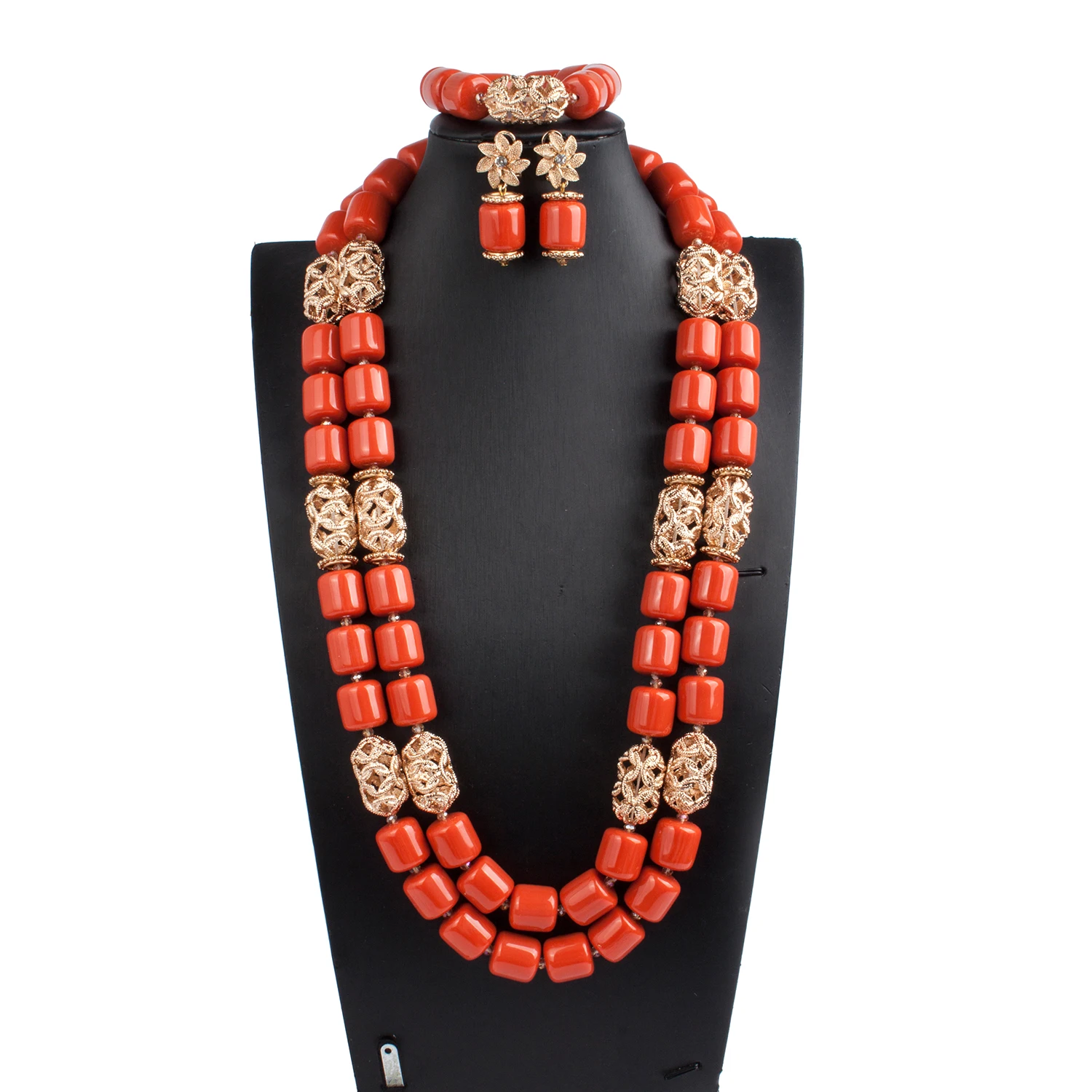 27 inches Long Two Layers Artificial Coral Beads African Jewelry Set Women Bridal Party Costume Necklace Jewelry Set